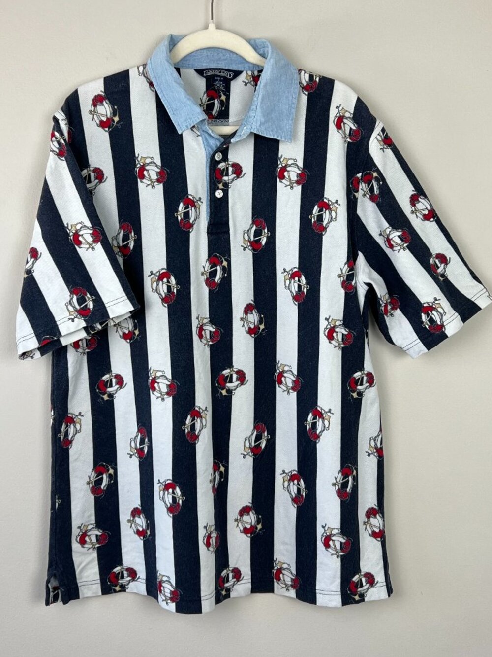 Vintage Lands End Polo Shirt Sz LG Nautical 90's Preppy Coastal Stripe Collar